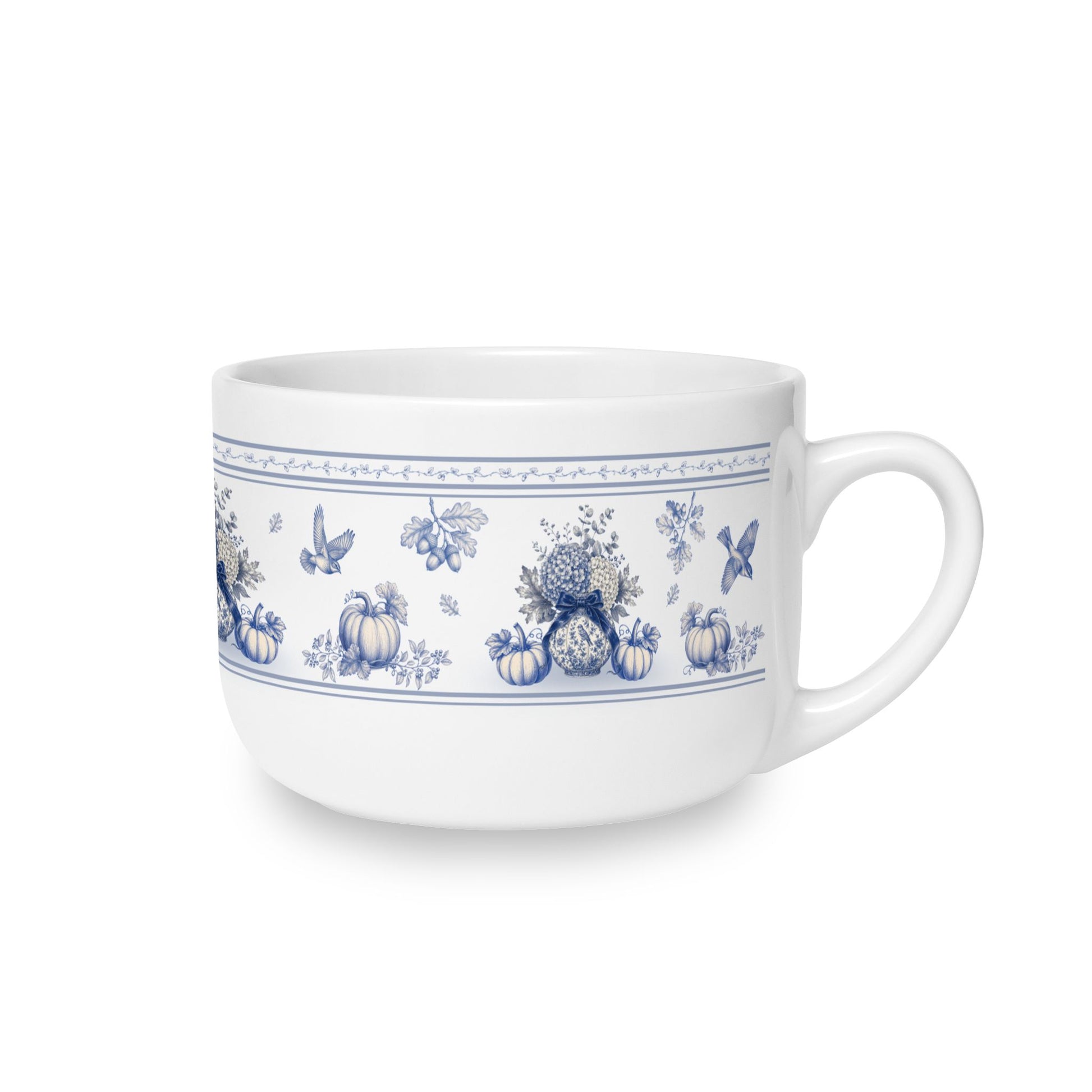 Left side view of a 25oz ceramic latte mug with vintage blue transferware pumpkins, florals and bird illustrations.