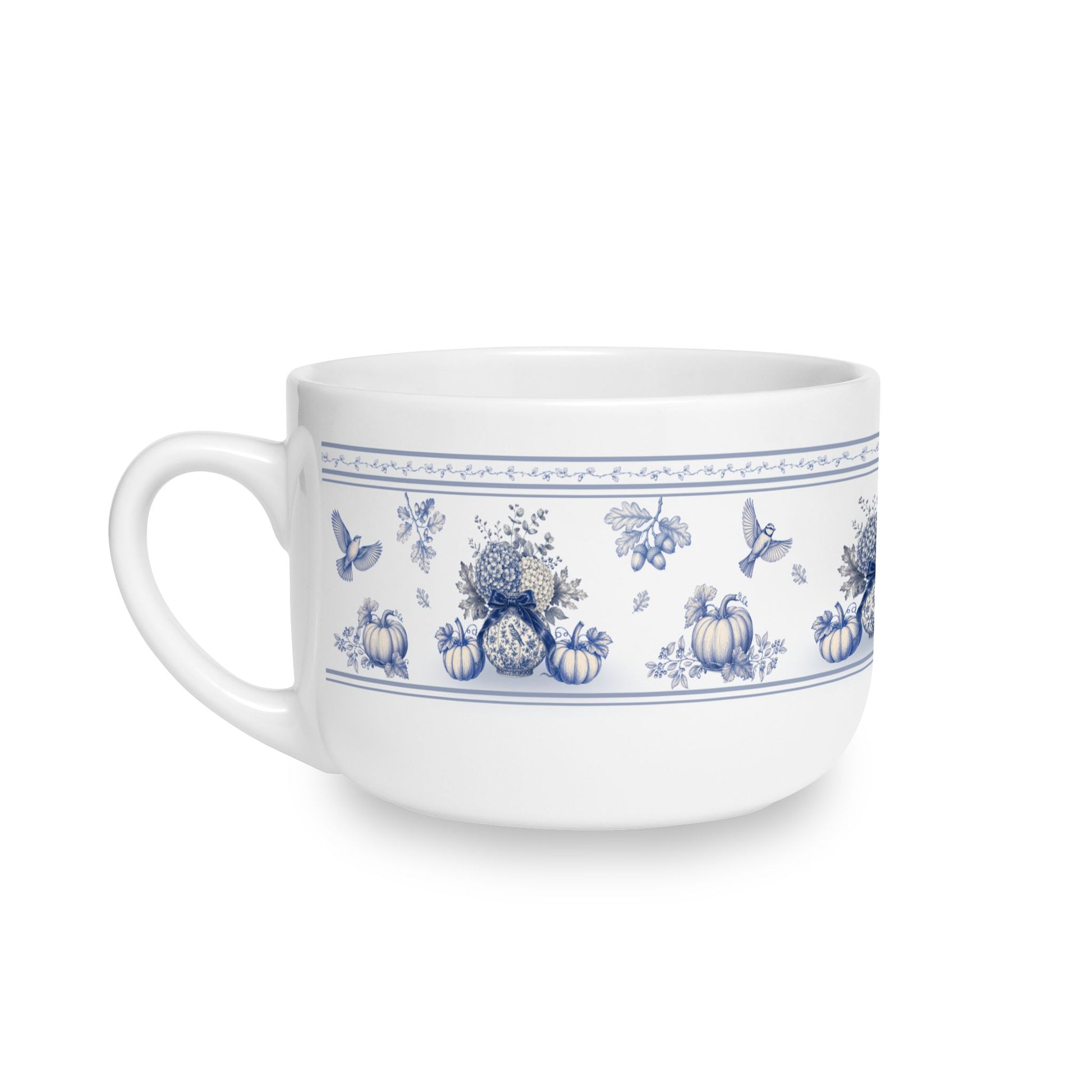 Right side view of a vintage-inspired ceramic latte mug with blue floral transferware artwork, pumpkins and botanical details.
