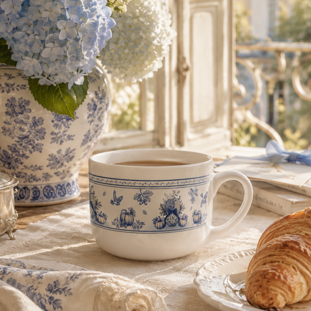 25oz blue floral pumpkin ceramic latte mug displayed on a cozy breakfast table with pastries, tea and blue hydrangeas.