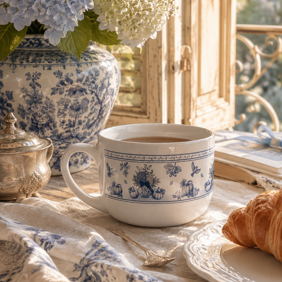 Vintage blue floral pumpkin ceramic latte mug styled on soft linen beside blue hydrangeas in warm morning light.