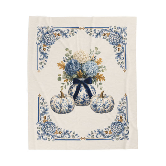 Blue hydrangea and porcelain pumpkin velveteen plush throw blanket with vintage floral centerpiece and elegant botanical corner border.