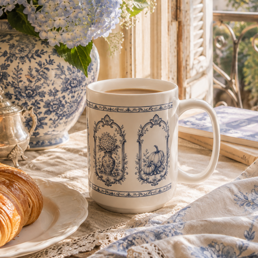 Vintage blue transferware pumpkin coffee mug styled with pumpkins, books and warm autumn décor for a cozy cottagecore kitchen.