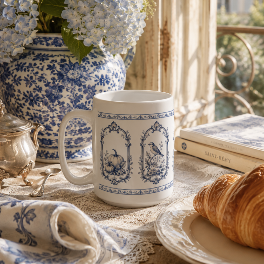 Blue transferware pumpkin ceramic mug styled on a cozy farmhouse breakfast table with croissant, antique books and autumn morning light.