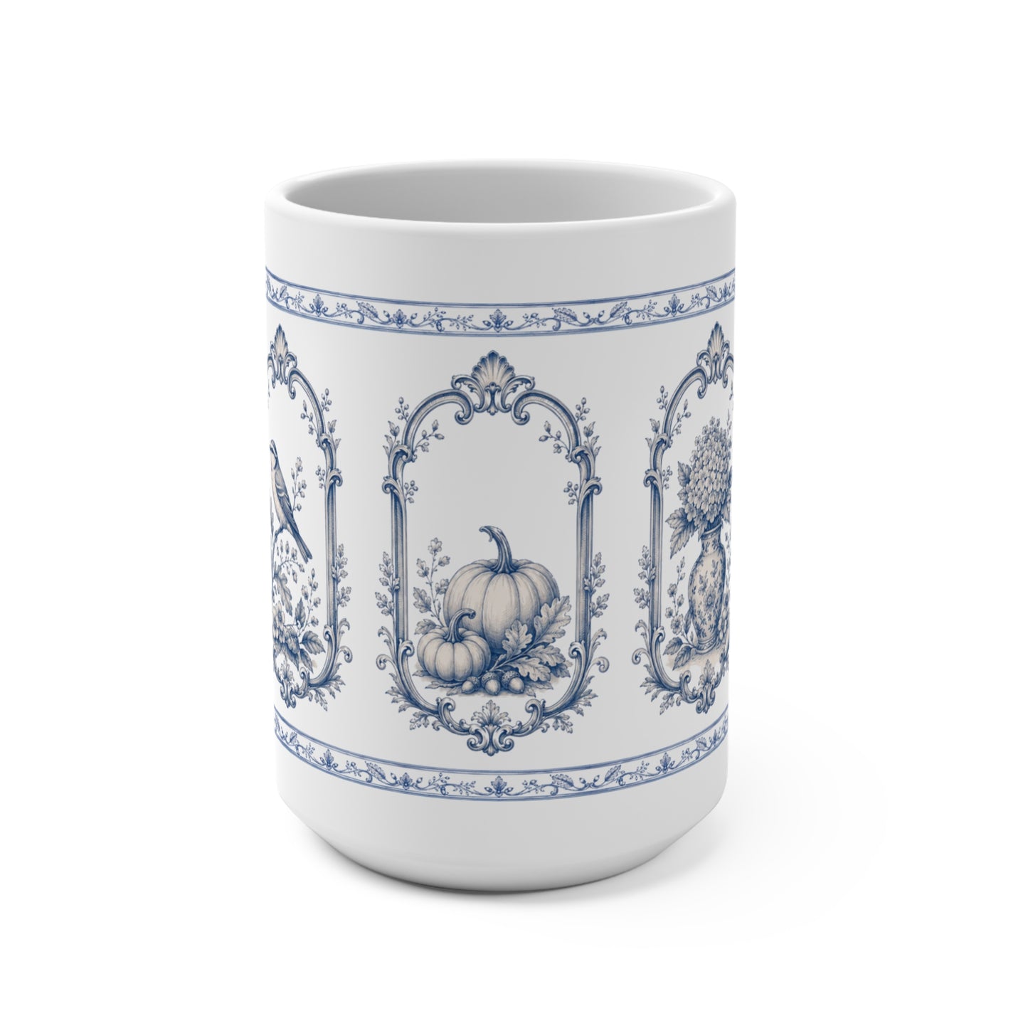 Blue transferware 15oz ceramic mug featuring vintage pumpkin, bird and botanical panels inspired by antique English pottery.
