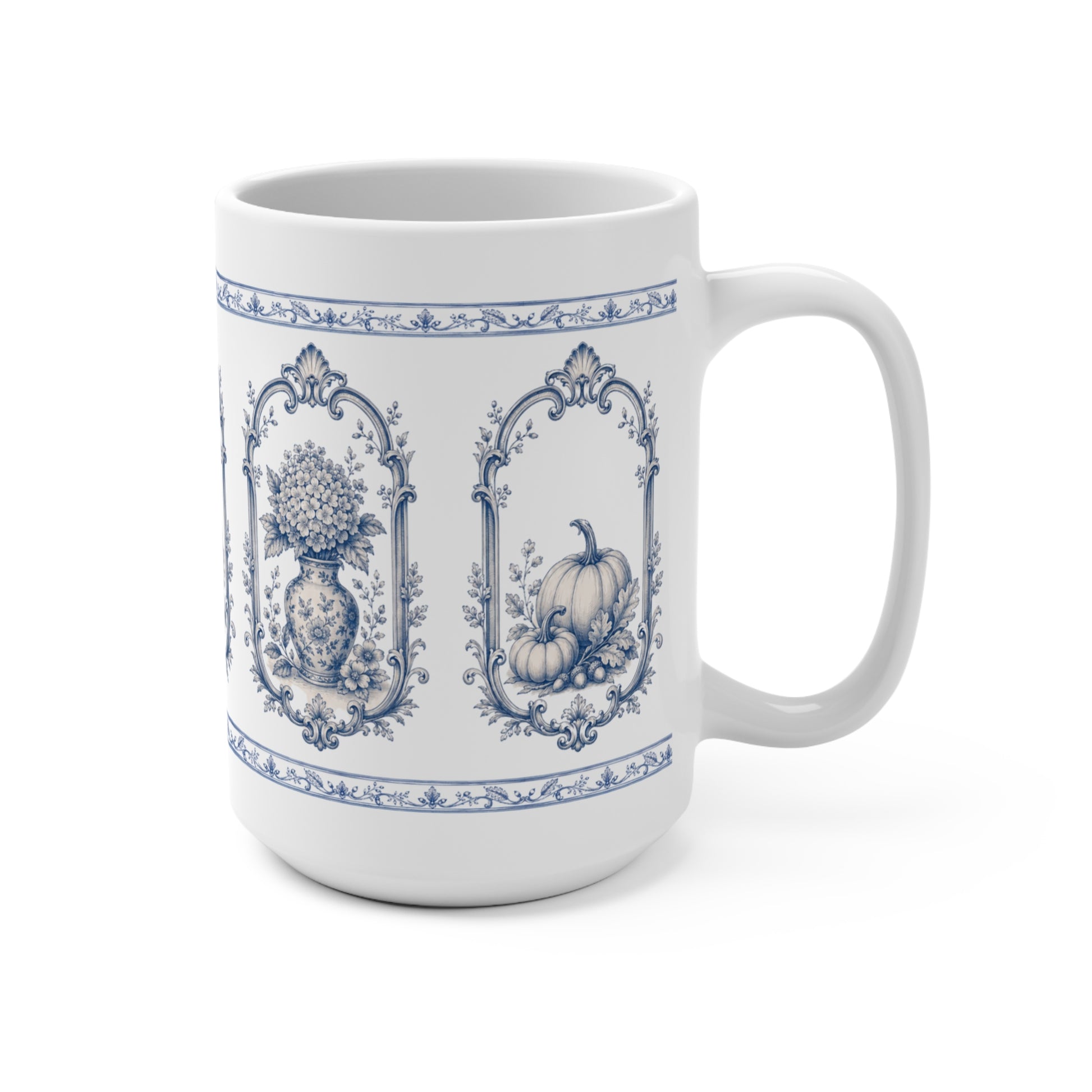 Left-side view of a blue and white ceramic coffee mug with antique transferware pumpkin, hydrangea vase and botanical artwork.