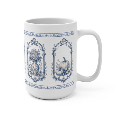 Left-side view of a blue and white ceramic coffee mug with antique transferware pumpkin, hydrangea vase and botanical artwork.