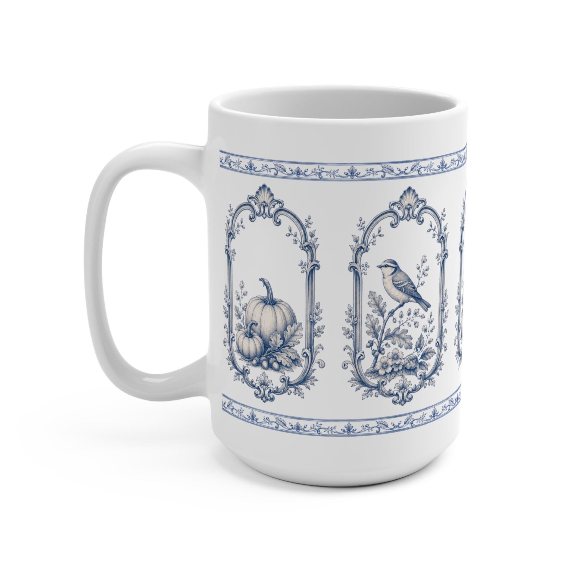 Right-side view of a vintage blue transferware ceramic mug with floral vase, pumpkin and bird illustrations in ornate frames.
