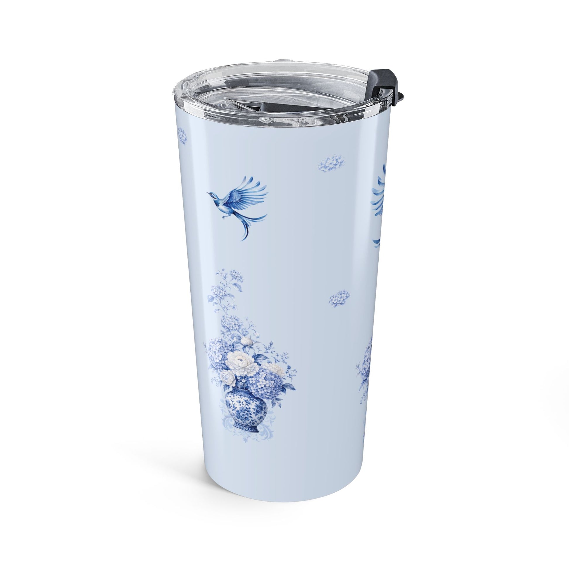 Bluebird and porcelain vase insulated tumbler shown from an angled side view with chinoiserie artwork
