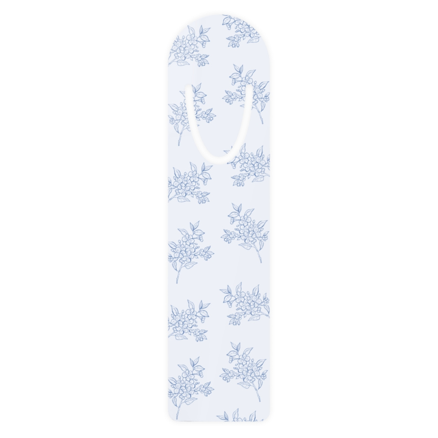 Blue floral metal bookmark with delicate botanical toile pattern on a white background