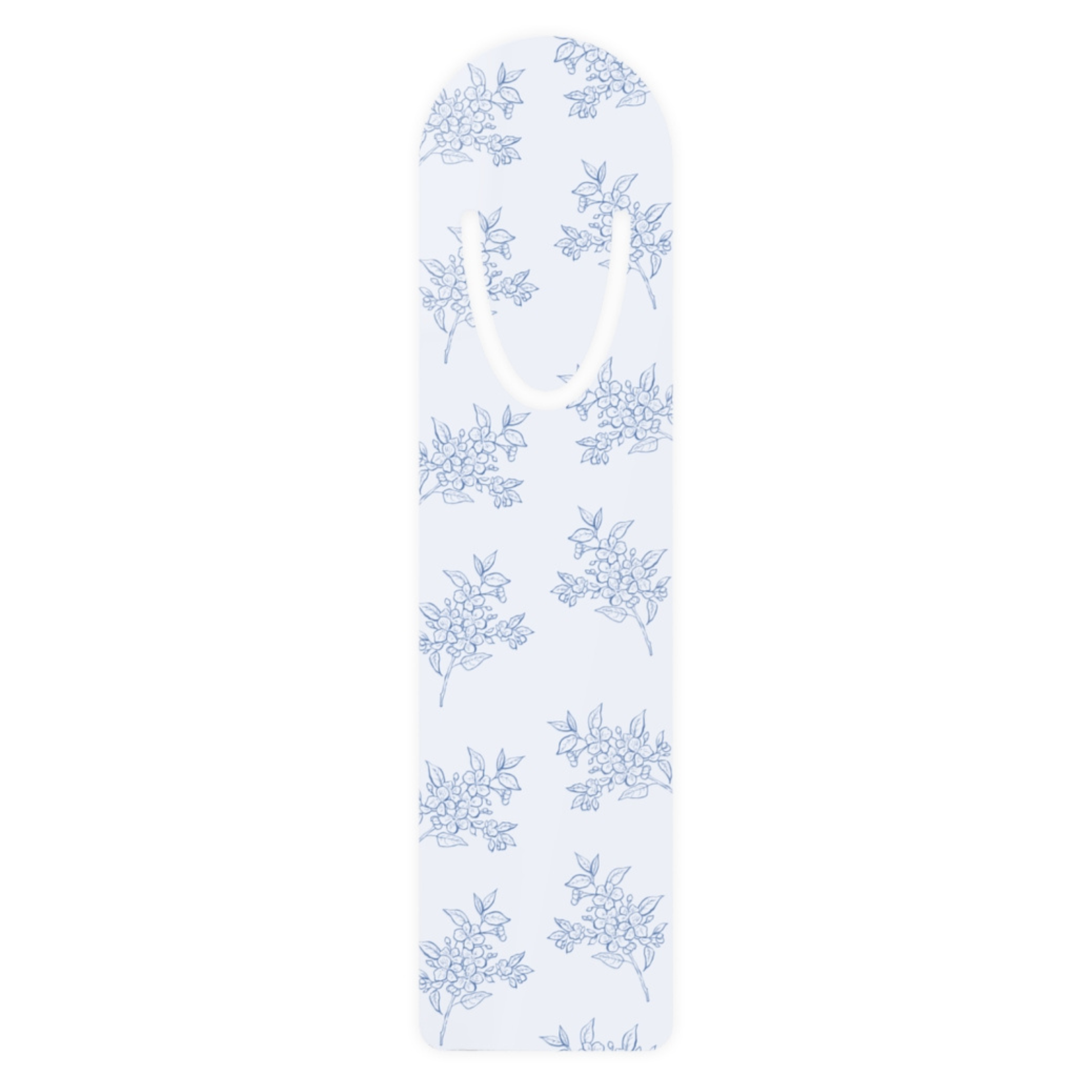 Blue floral metal bookmark with delicate botanical toile pattern on a white background