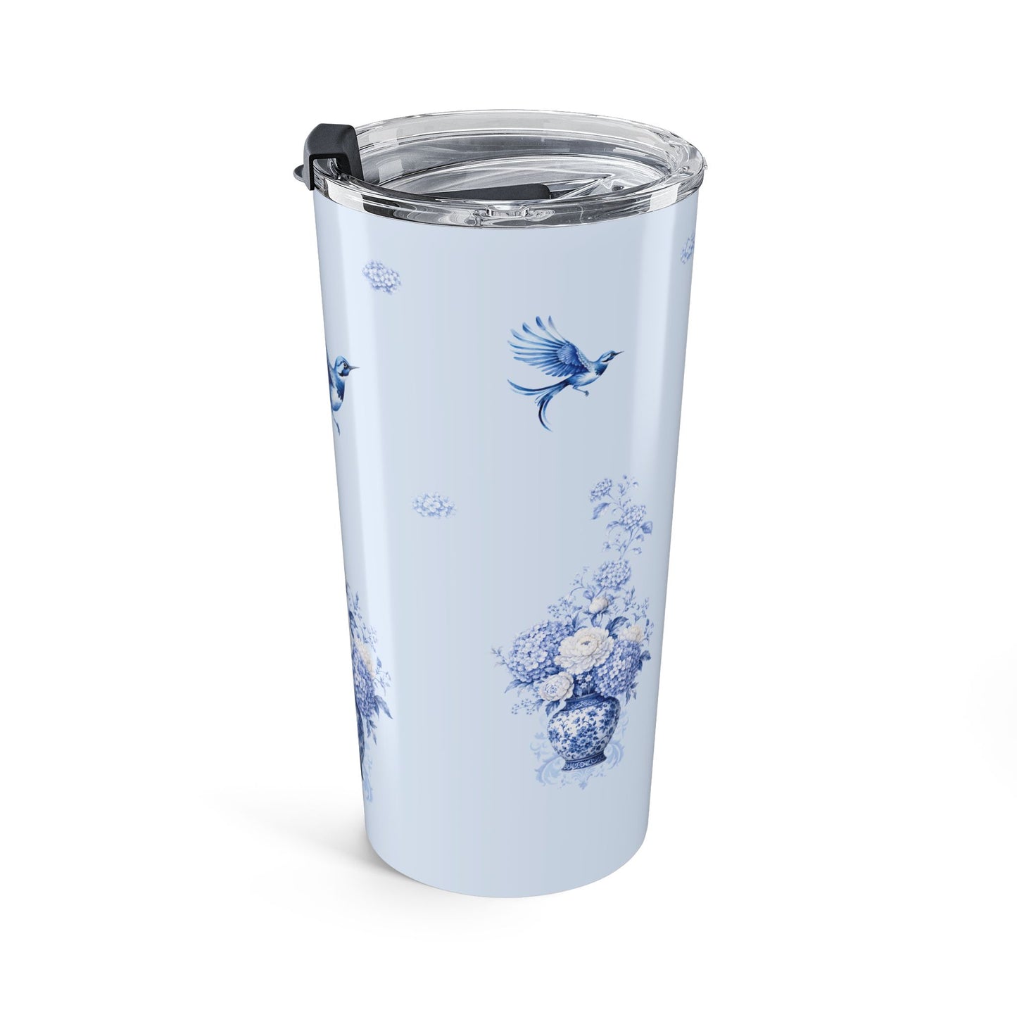 Blue chinoiserie travel mug with floral porcelain vase design and flying bird wraparound artwork