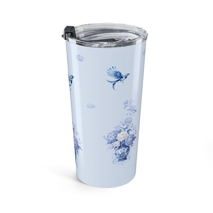 Blue chinoiserie travel mug with floral porcelain vase design and flying bird wraparound artwork
