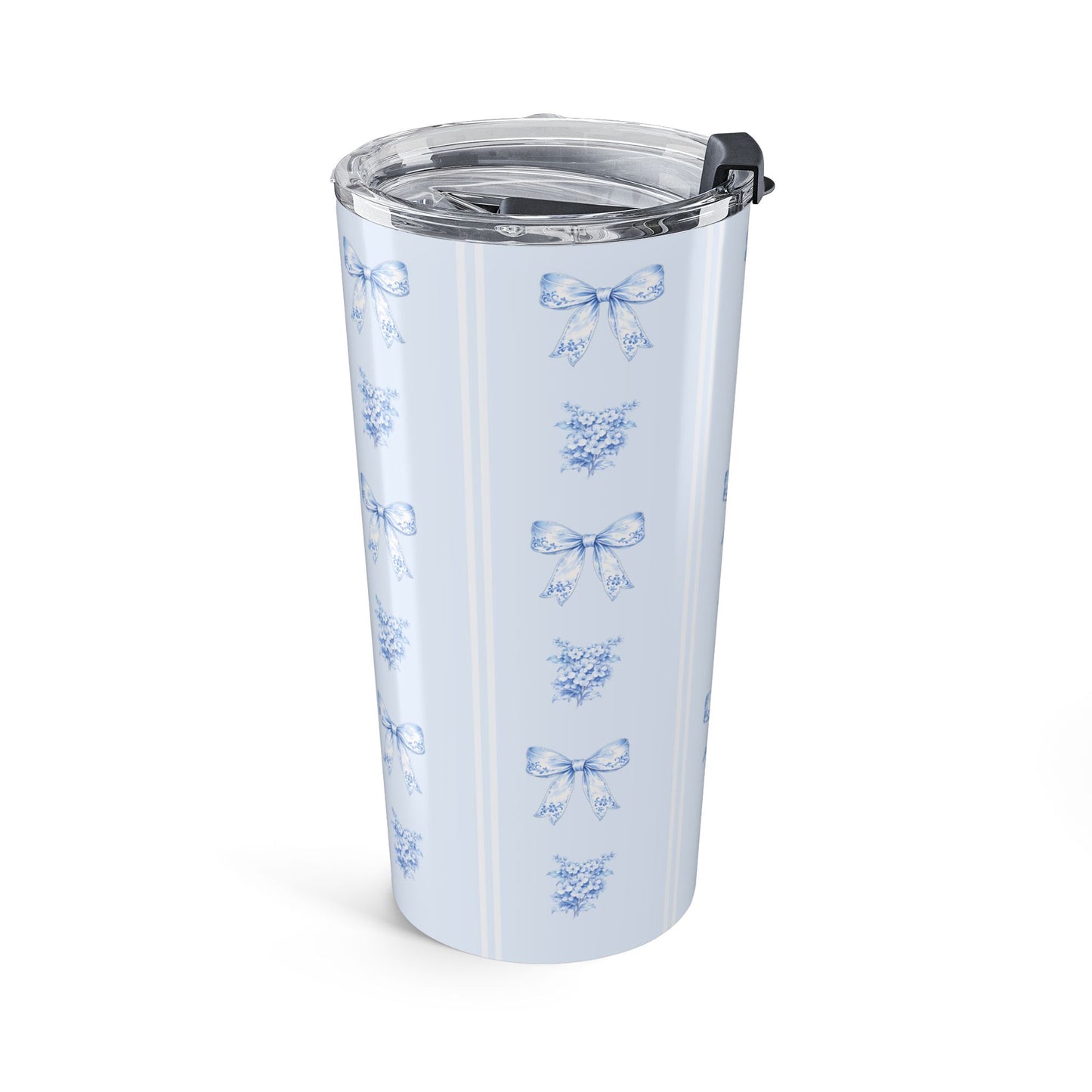 20 oz blue hydrangea and bow travel mug featuring an elegant repeating floral and ribbon wraparound design