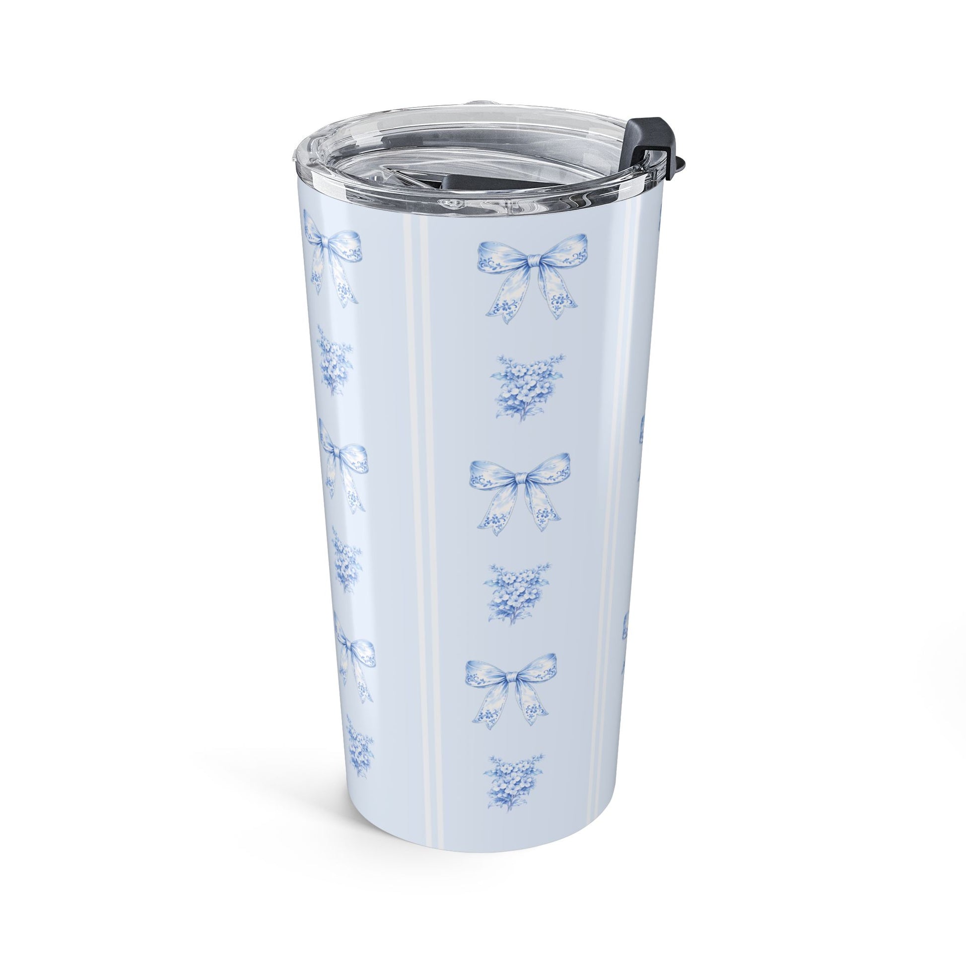 20 oz blue hydrangea and bow travel mug featuring an elegant repeating floral and ribbon wraparound design