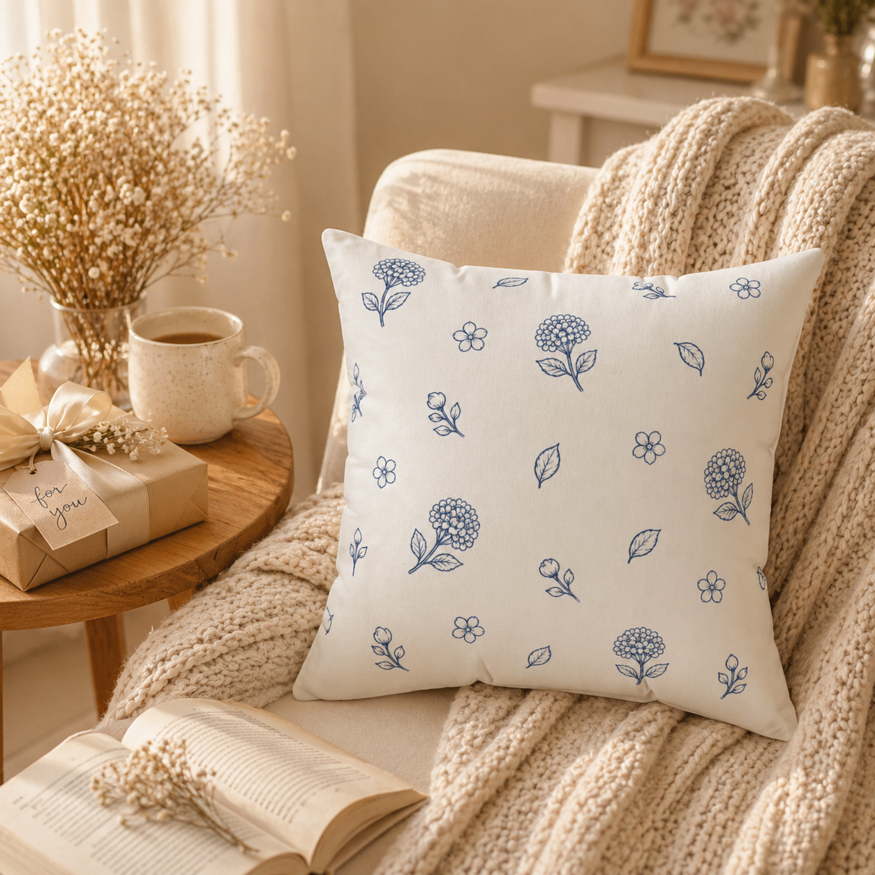 Decorative throw pillow with scattered blue hydrangea floral pattern on ivory background, double-sided botanical cushion design