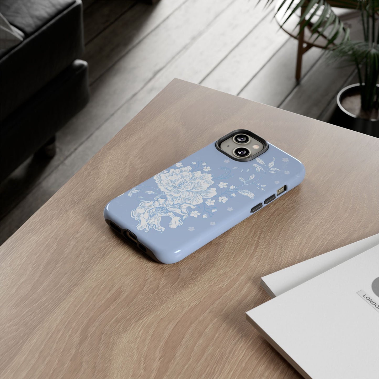 iPhone 14 light blue feminine romantic phone case with white peony