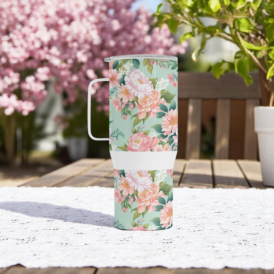 Mint Garden Grace - Floral Stainless Steel Travel Mug with Handle (750 ml) - Elegant Reusable Coffee Cup for Women
