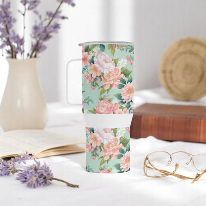 Mint Garden Grace - Floral Stainless Steel Travel Mug with Handle (750 ml) - Elegant Reusable Coffee Cup for Women