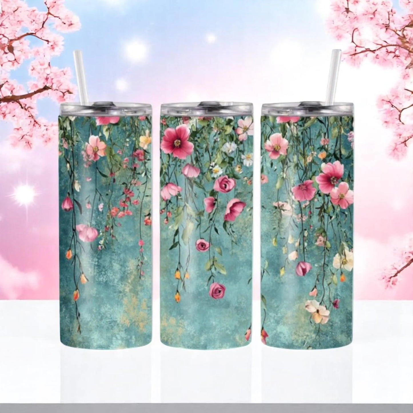 Garden Serenade - 20oz Tumbler with Straw – Stainless Steel Floral Travel Mug | Hanging Flowers Cup with Lid | Cute Gift for Women