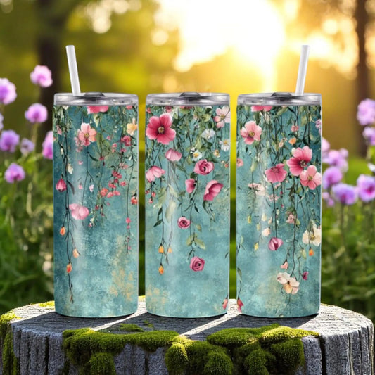 Garden Serenade - 20oz Tumbler with Straw – Stainless Steel Floral Travel Mug | Hanging Flowers Cup with Lid | Cute Gift for Women