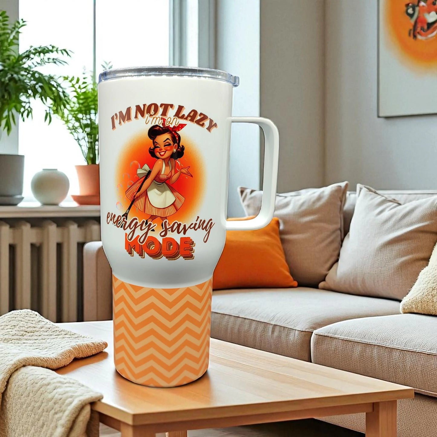 I’m Not Lazy, I’m On Energy Saving Mode – 750 ml Stainless Steel Tumbler | Retro Girl Design