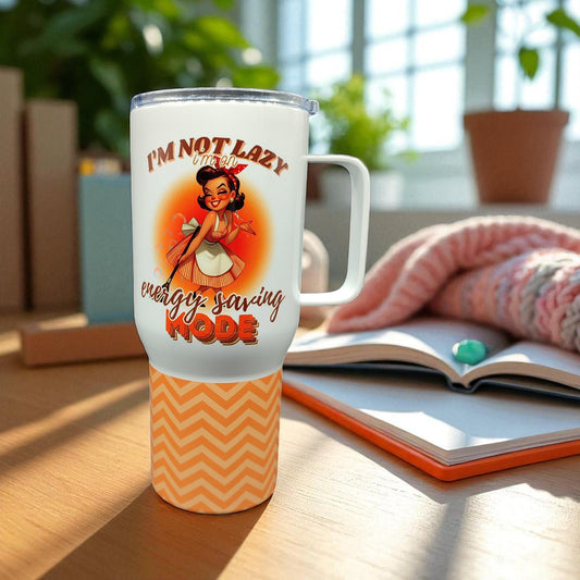 I’m Not Lazy, I’m On Energy Saving Mode – 750 ml Stainless Steel Tumbler | Retro Girl Design