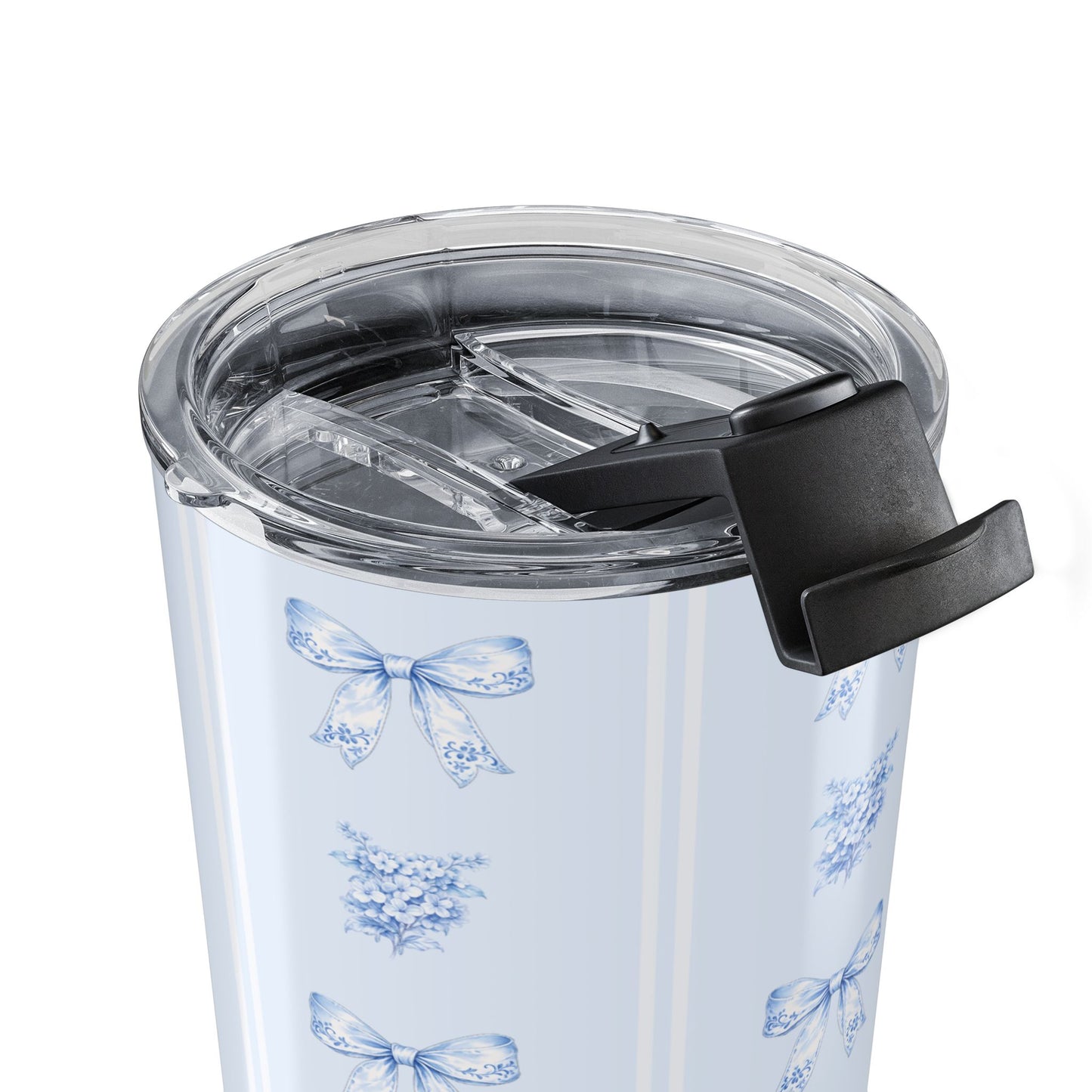20 oz close-up of the clear push-on lid on a blue bow and hydrangea insulated travel tumbler