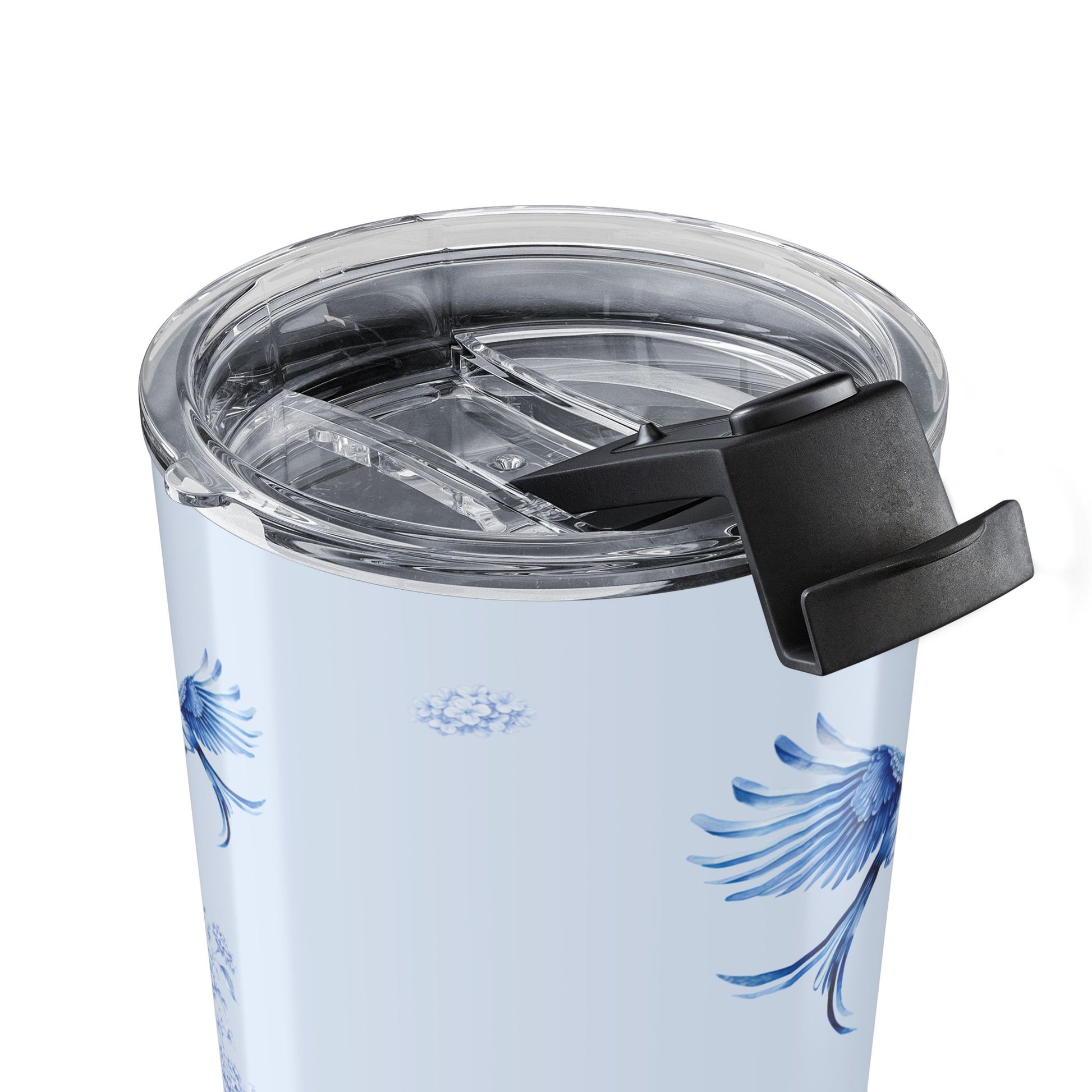 Close-up of the clear push-on lid on a blue chinoiserie insulated travel tumbler
