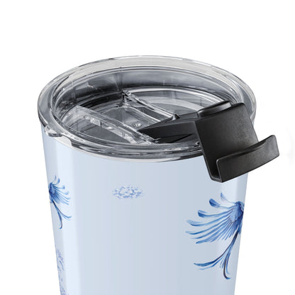 Close-up of the clear push-on lid on a blue chinoiserie insulated travel tumbler