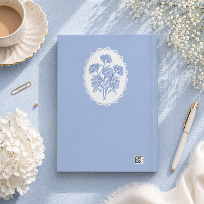 Open hardcover journal with lined pages, blue floral notebook interior for writing notes, journaling, and planning