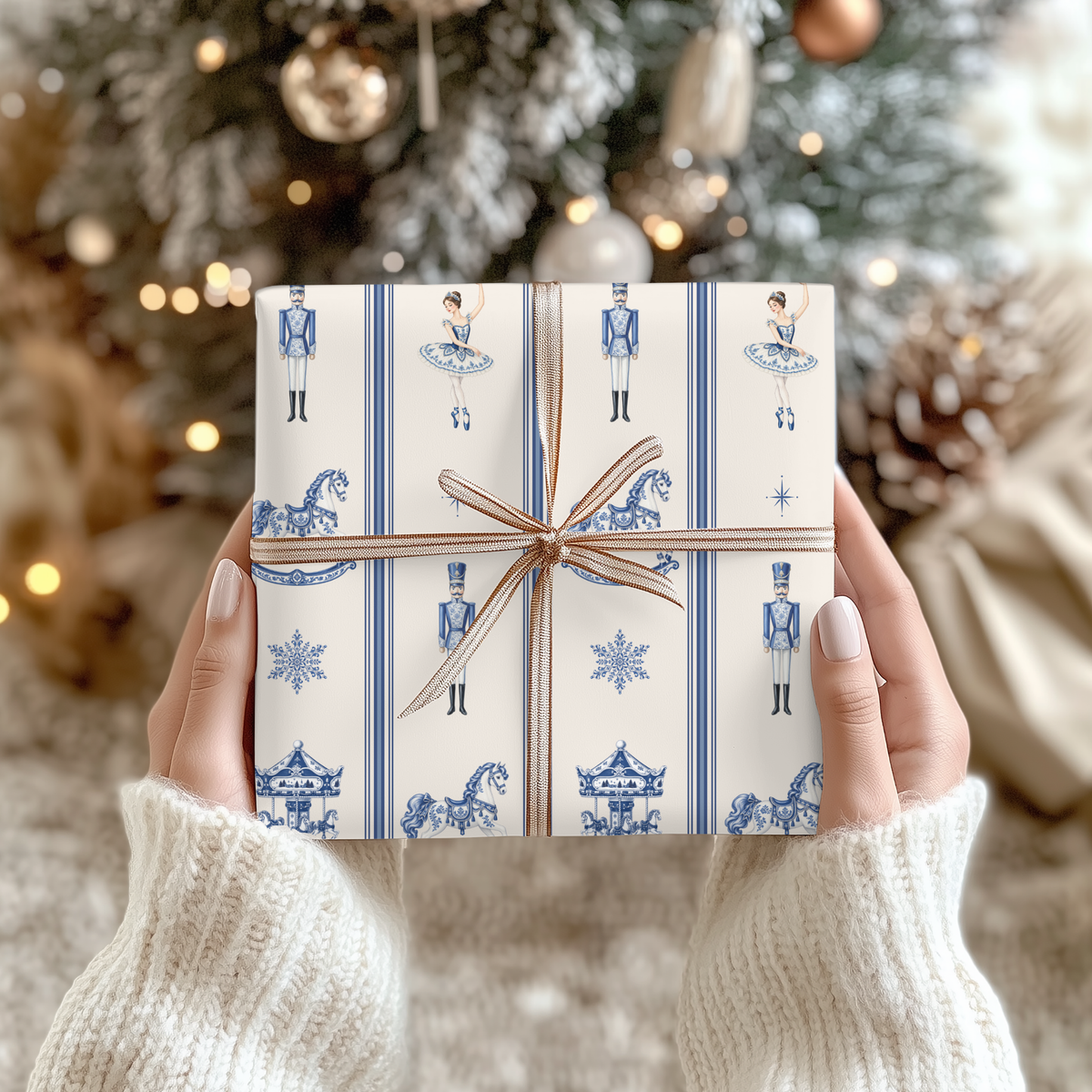 Christmas Wrapping Paper Vintage | Ivory Blue Nutcracker & Ballerina Gift Wrap