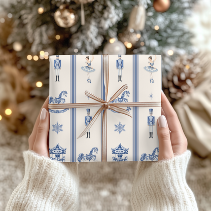 Christmas Wrapping Paper Vintage | Ivory Blue Nutcracker & Ballerina Gift Wrap