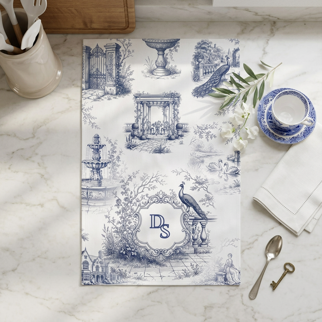 Personalized blue toile tea towel with monogram styled on a light kitchen countertop with blue-and-white accents.