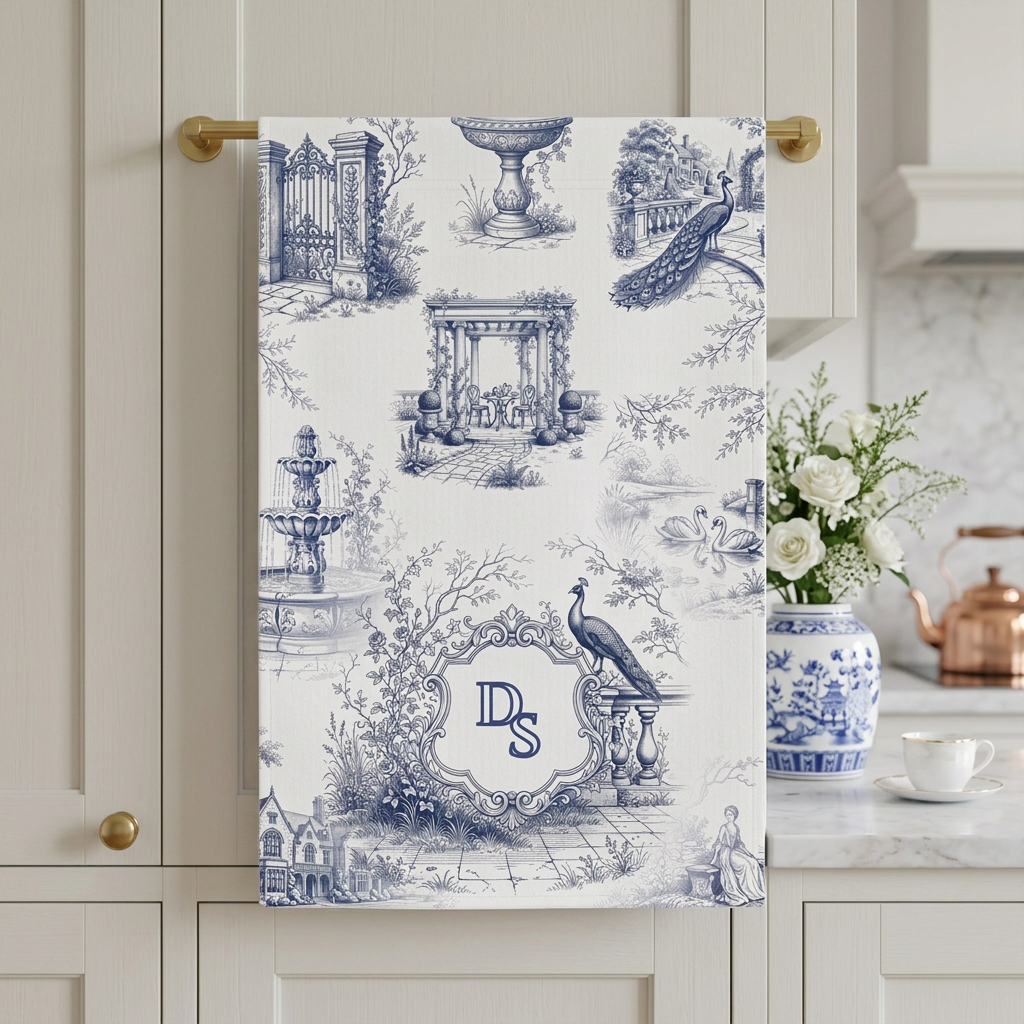 Personalized blue toile tea towel with monogram hanging in a light traditional kitchen.