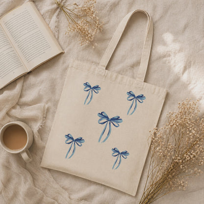 Blue Ribbon Bow Canvas Tote Bag – Aesthetic Cotton Shopper, Cottagecore Market Bag, Gift for Her