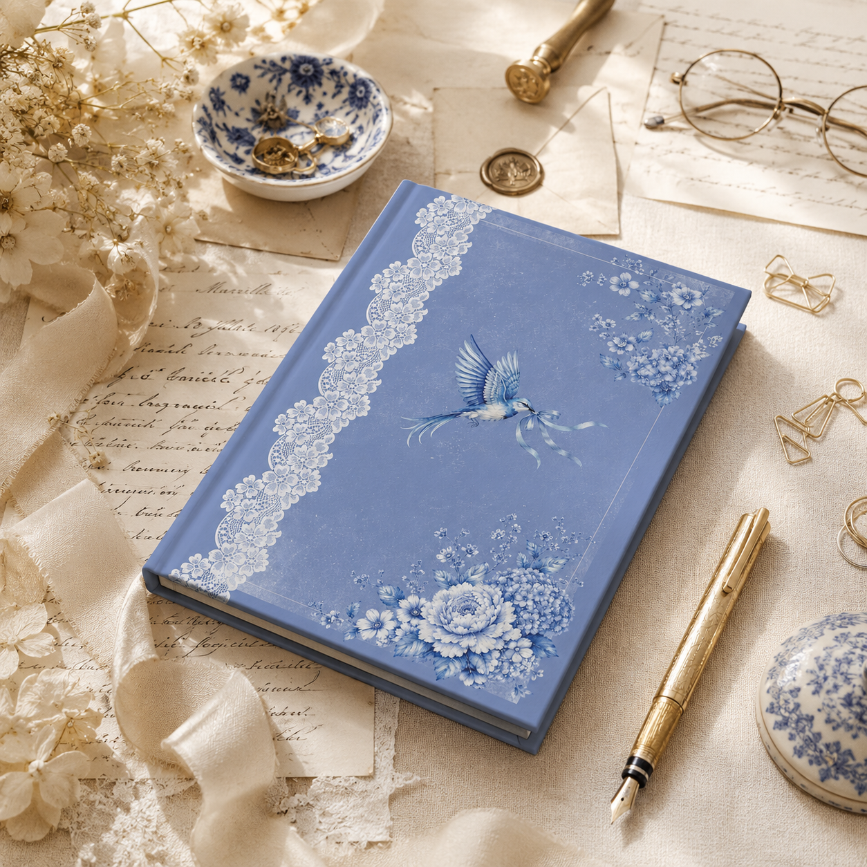 Blue floral lace hardcover journal with flying bird illustration styled with gold pens and stationery in an elegant flat lay workspace.