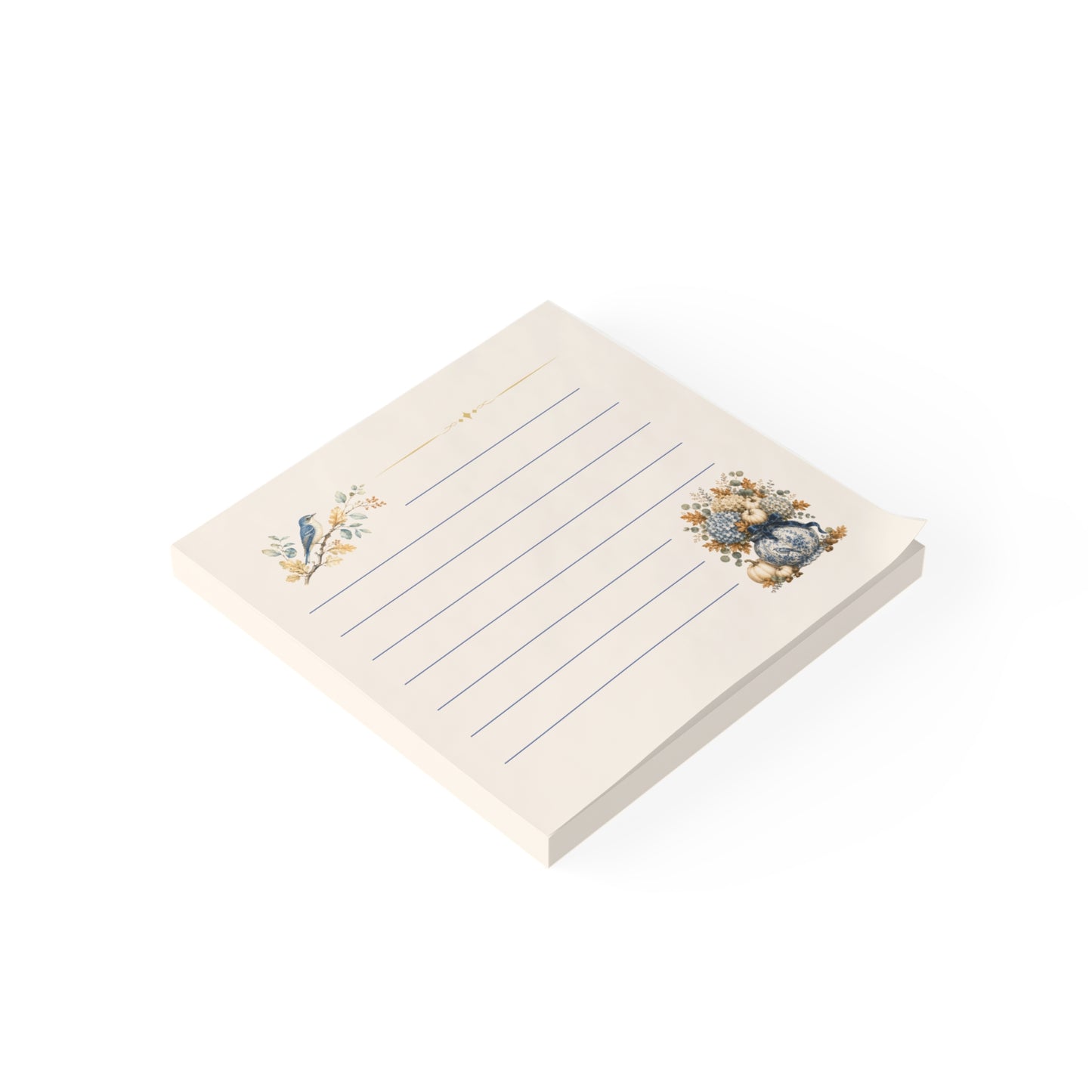 Angled view of a vintage bluebird sticky note pad featuring lined pages, botanical artwork, and an autumn floral bouquet.