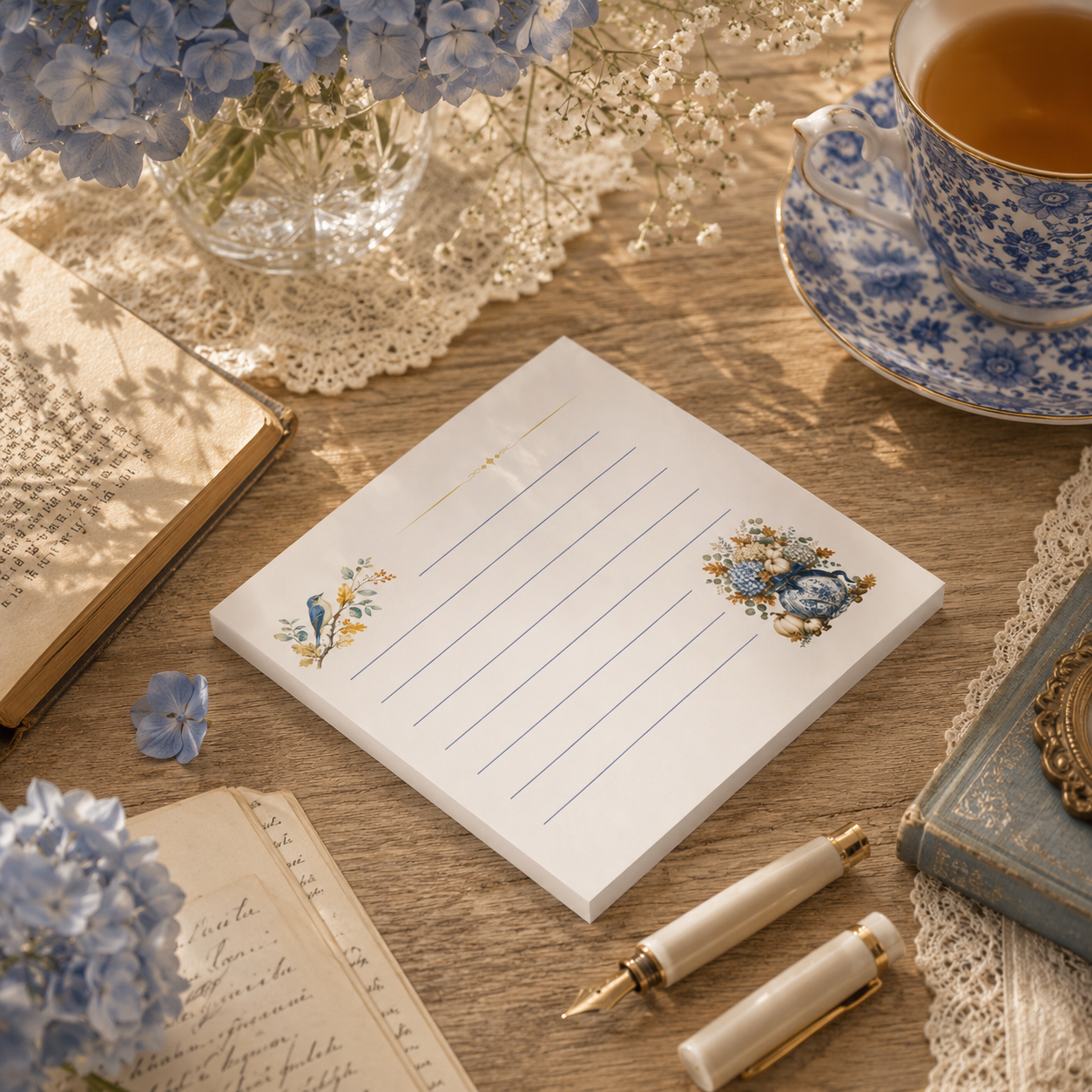Vintage bluebird sticky note pad styled on a wooden writing desk with antique books, blue-and-white porcelain, and warm morning sunlight.