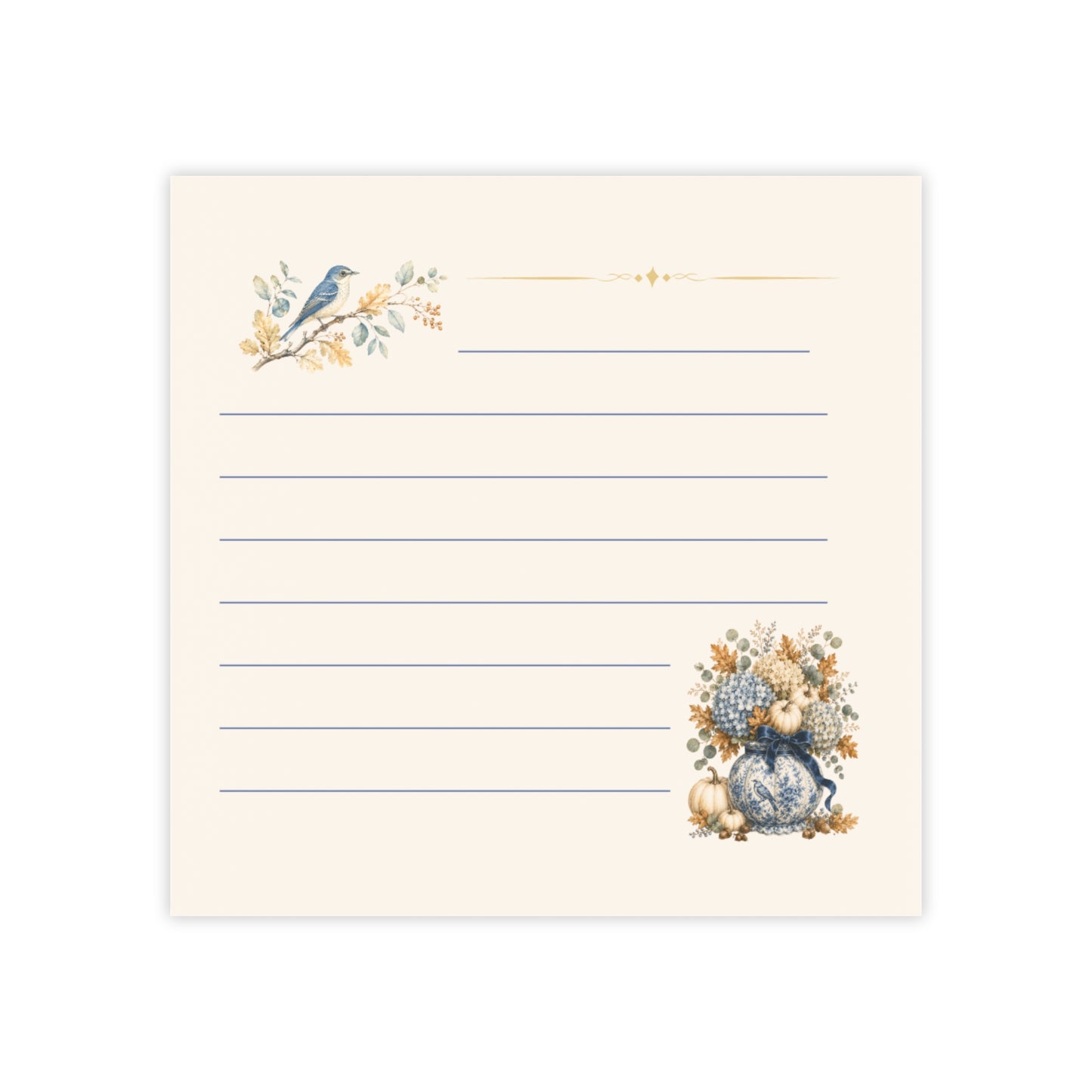 Vintage bluebird sticky note pad with lined memo pages, a delicate bluebird illustration, and an autumn floral bouquet on a soft ivory background.