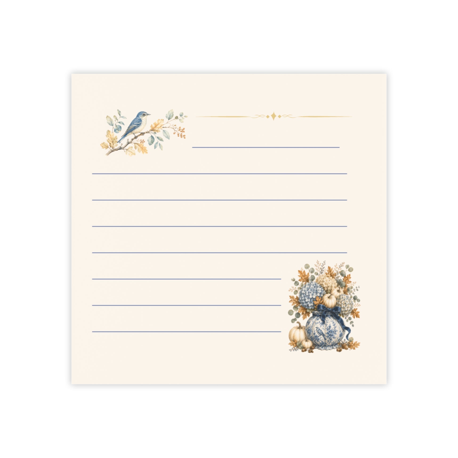 Vintage bluebird sticky note pad with lined memo pages, a delicate bluebird illustration, and an autumn floral bouquet on a soft ivory background.