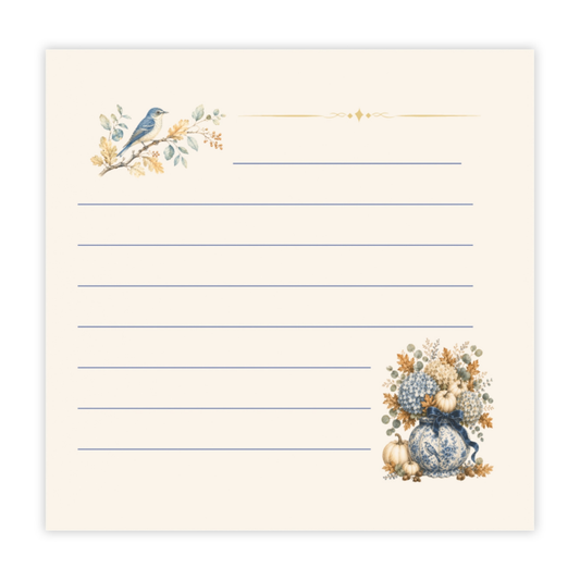 Vintage bluebird sticky note pad with lined memo pages, a delicate bluebird illustration, and an autumn floral bouquet on a soft ivory background.