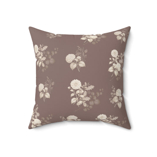 Vintage floral brown throw pillow with cream botanical bouquet pattern on a warm taupe background