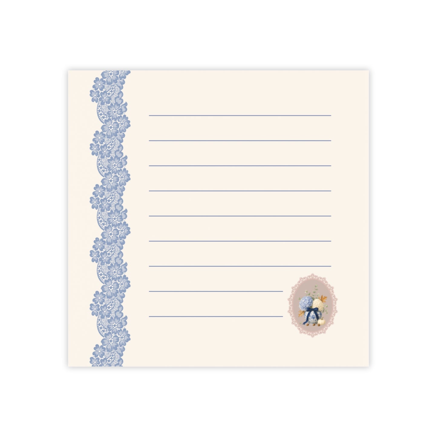 Vintage floral sticky note pad with blue lace border, lined memo pages, and a delicate autumn bouquet illustration on a soft ivory background.
