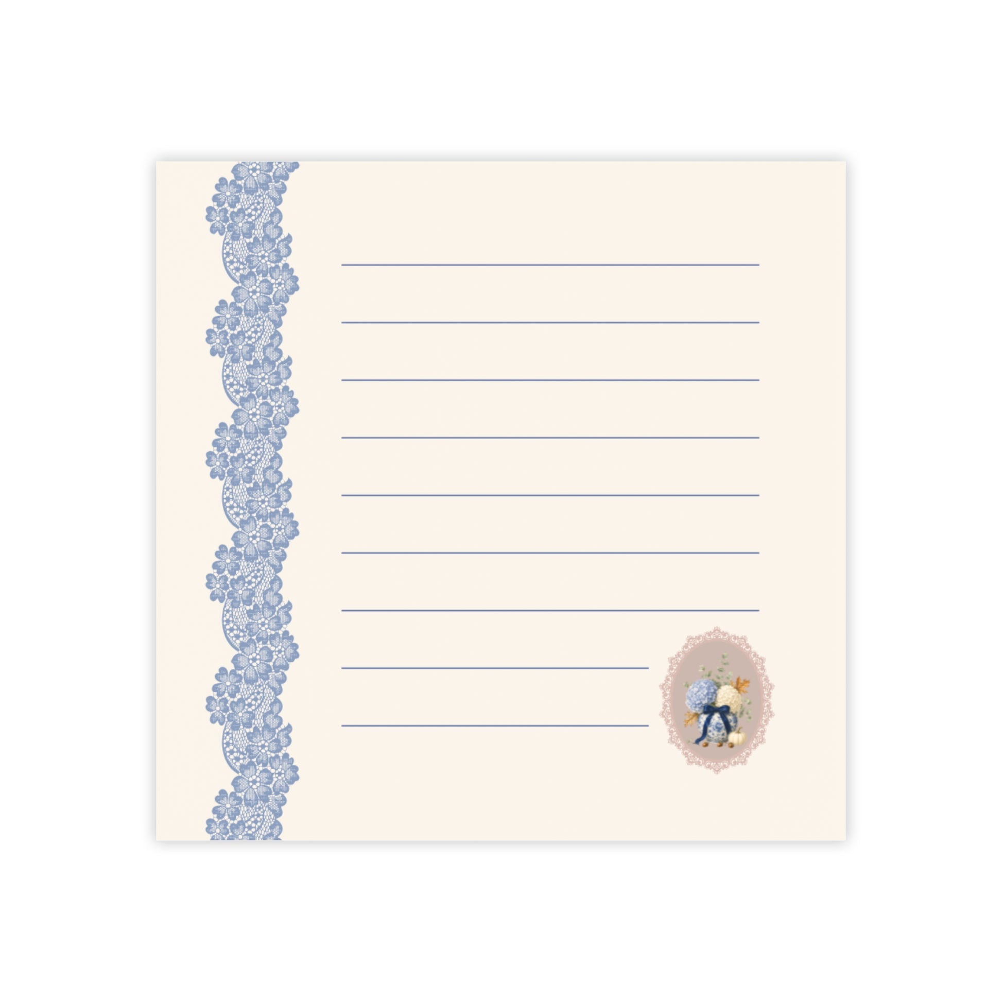 Vintage floral sticky note pad with blue lace border, lined memo pages, and a delicate autumn bouquet illustration on a soft ivory background.
