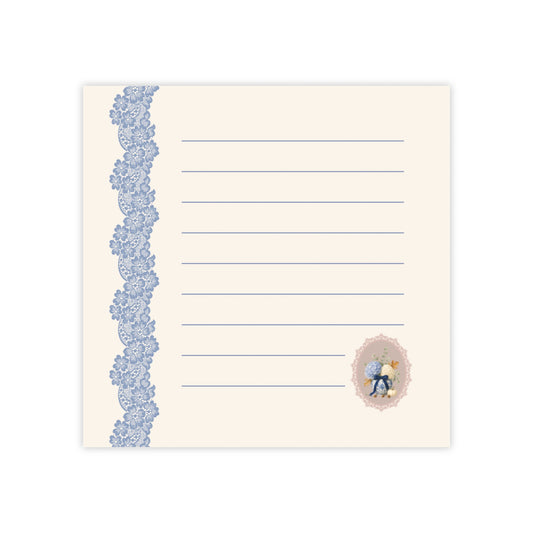 Vintage floral sticky note pad with blue lace border, lined memo pages, and a delicate autumn bouquet illustration on a soft ivory background.