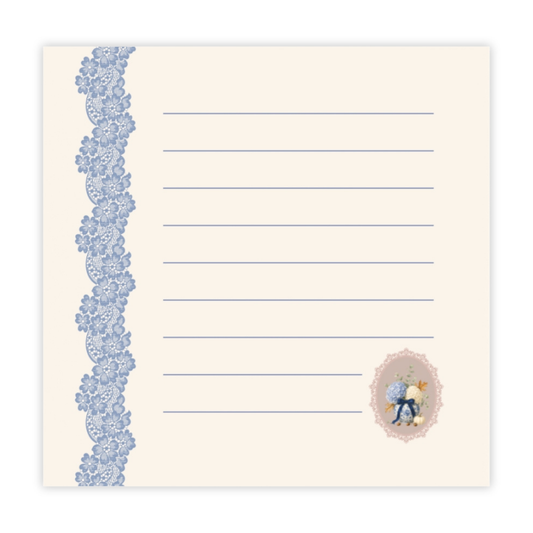 Vintage floral sticky note pad with blue lace border, lined memo pages, and a delicate autumn bouquet illustration on a soft ivory background.