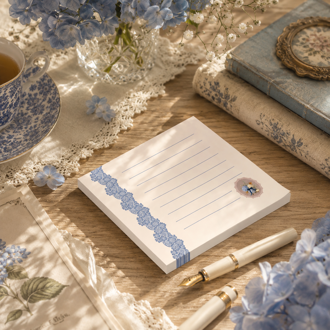 Lined vintage floral sticky note pad displayed with elegant stationery, antique books, and blue hydrangeas in a warm cottagecore setting.