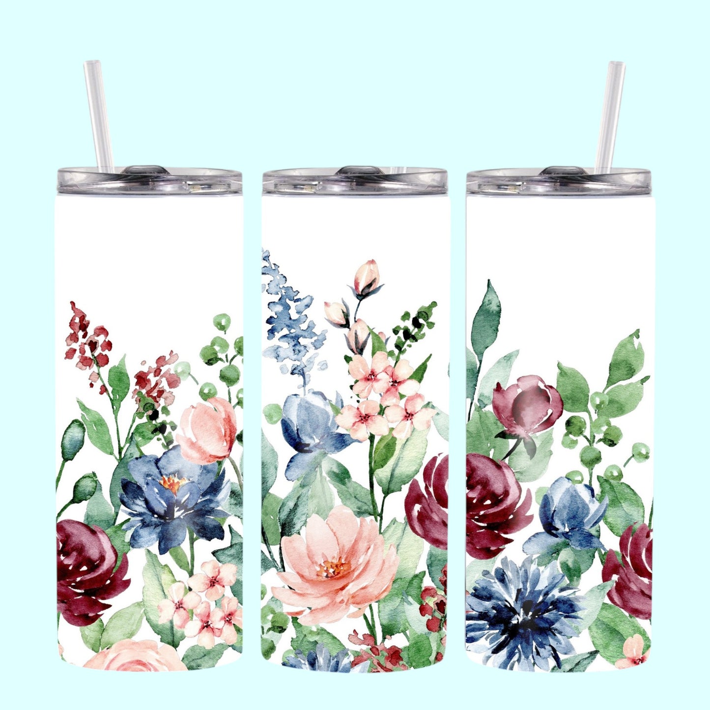 Wildflower Wishes - Floral watercolor tumbler – 600 ml stainless steel cup with lid & straw for her