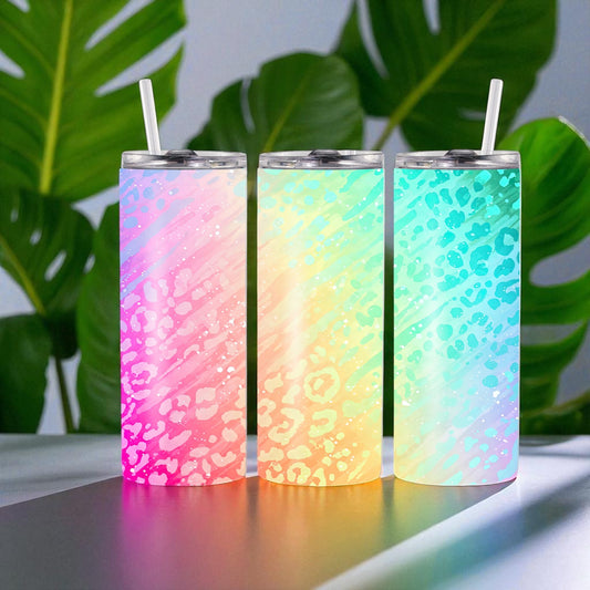 Mystic Splash - pastel leopard rainbow tumbler – 600 ml stainless steel tumbler with straw & lid