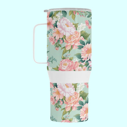 Mint Garden Grace - Floral Stainless Steel Travel Mug with Handle (750 ml) - Elegant Reusable Coffee Cup for Women